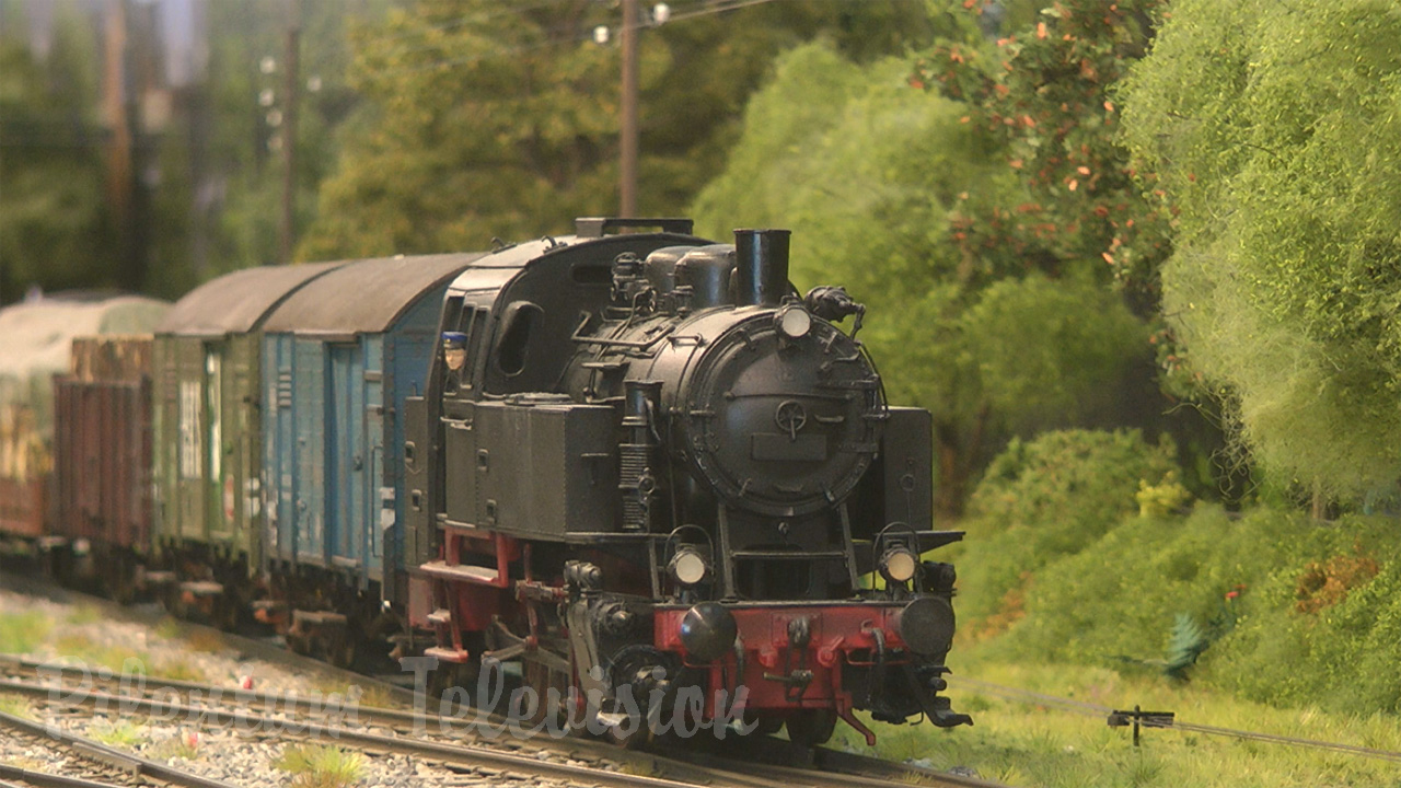 Locomotive à vapeur et trains miniatures diesel sur un réseau modulaire allemand à l’échelle O
